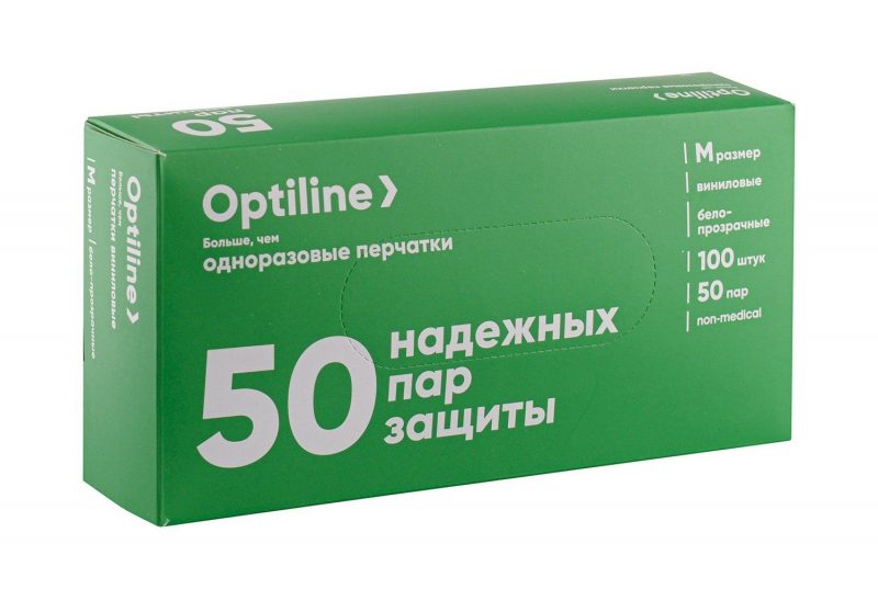 Перчатки виниловые неопудренные Optiline, размер M, 100 шт. в упаковке, 1000 шт. в коробке