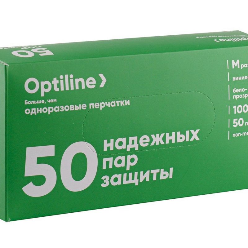 Перчатки виниловые неопудренные Optiline, размер M, 100 шт. в упаковке, 1000 шт. в коробке