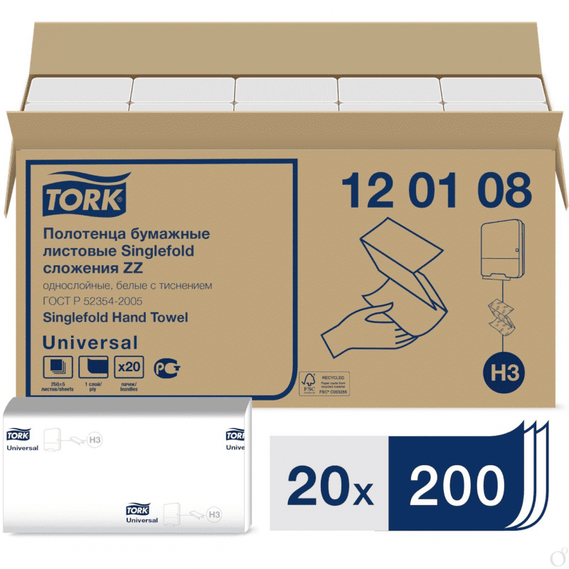 Полотенца бумажные листовые Tork Universal H3 120108 ZZ-сложение 1-слойные белые 250 листов