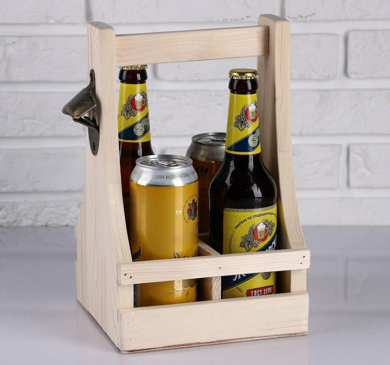 Ящик для пива 19×18×30 см  с открывашкой, под 4 бутылки, деревянный 4898937