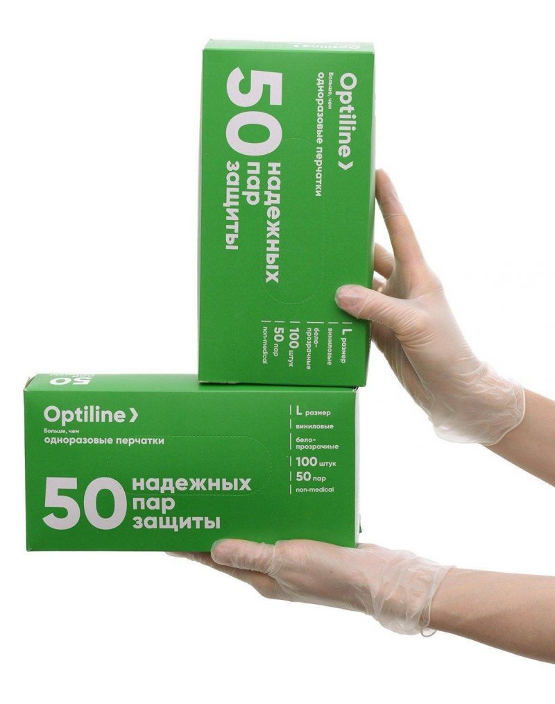 Перчатки виниловые неопудренные Optiline, размер L, 100 шт. в упаковке, 1000 шт. в коробке