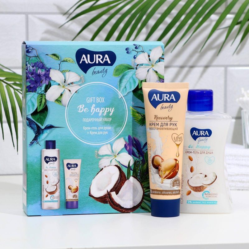 Подарочный набор Aura Beauty крем-гель для душа Кокос и миндаль 250 мл, крем для рук 75 мл 7345216