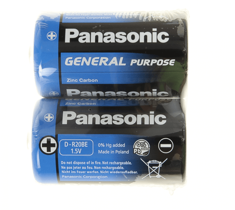 Батарейка солевая Panasonic General Purpose, D, R20-2S, 1.5В, спайка, 2 шт. 1035280