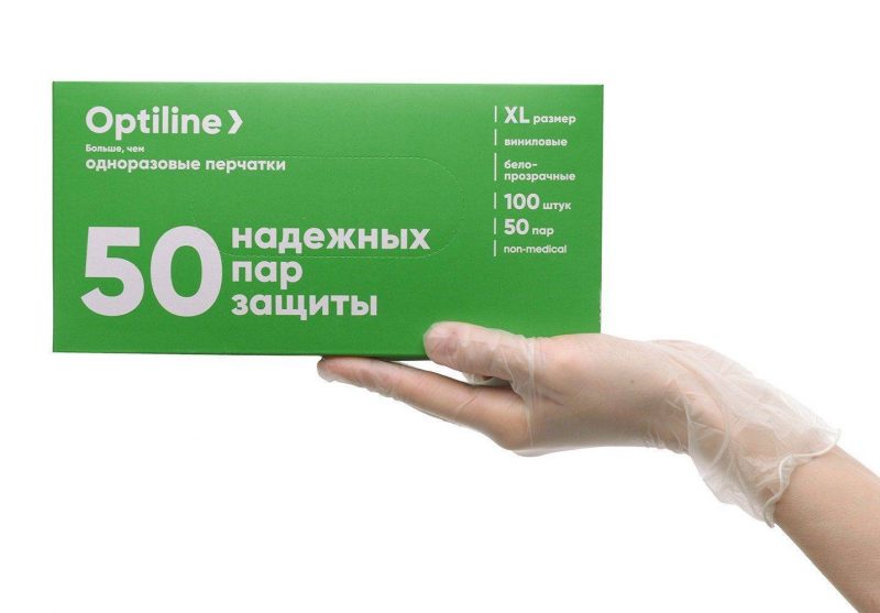 Перчатки виниловые неопудренные Optiline, размер XL, 100 шт. в упаковке, 1000 шт. в коробке