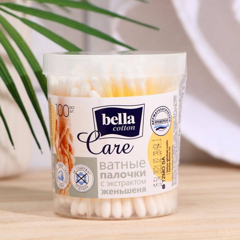 Ватные палочки "bella cotton care"по 100 шт. женьшень круглая коробочка 7348183