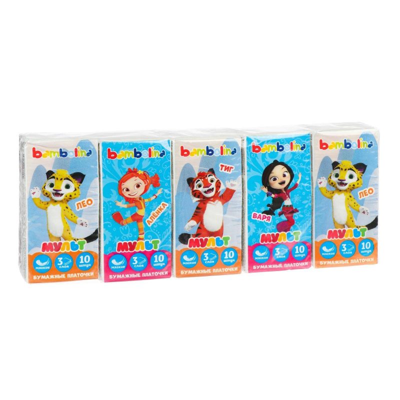 Платочки бумажные Bambolina Ми-ми-мишки и Лео и Тиг 3 слоя, 10 шт. Микс 6779100