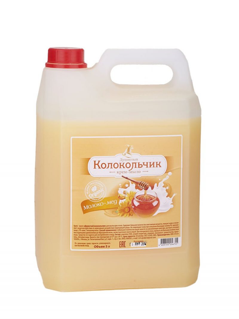 Мыло жидкое-крем Колокольчик Молоко и Мед 5л канистра 1/4