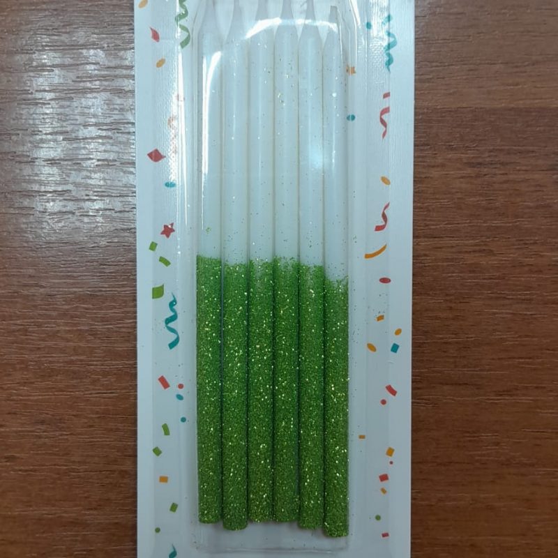 Набор свечей для торта h-12см 6шт белые-салатовые блеск X-7