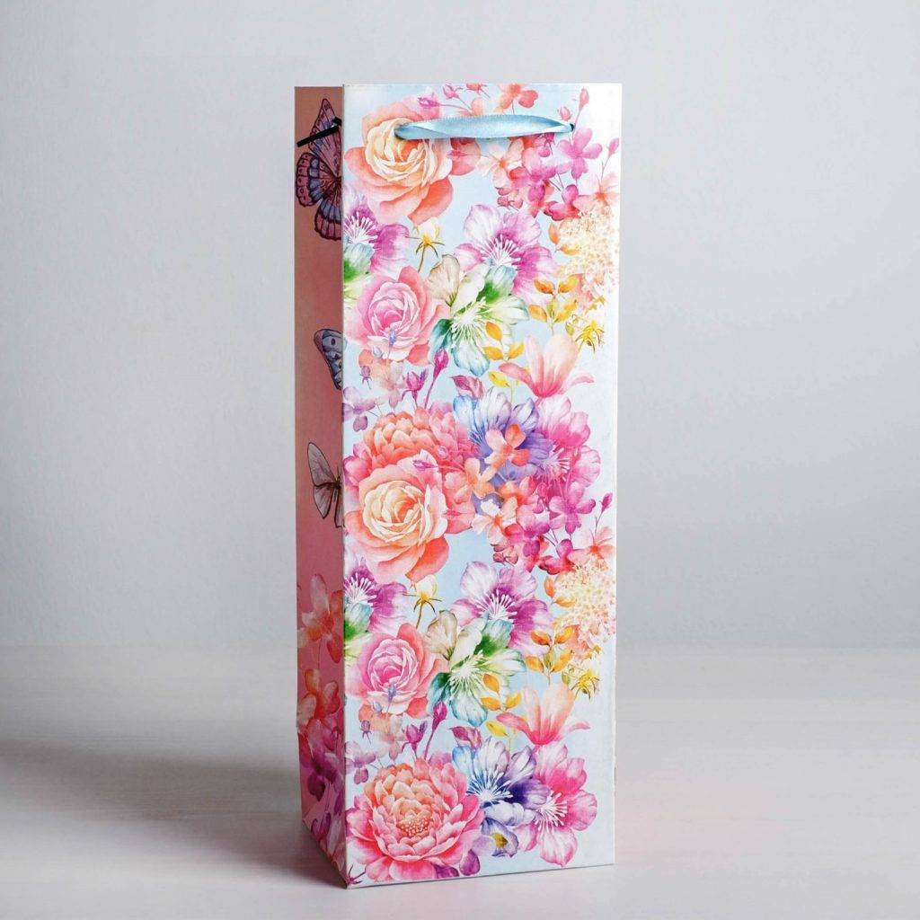 Пакет ламинированный под бутылку «Цветы и бабочки», 13 × 36 × 10 см 1830890