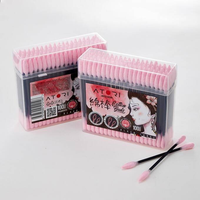 Ватные палочки чёрные, с розовыми наконечниками "Atori", пласт. коробка, 100 шт