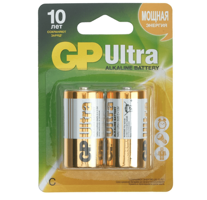 Батарейка алкалиновая GP Ultra, C, LR14-2BL, 1.5В, блистер, 2 шт. 5242332