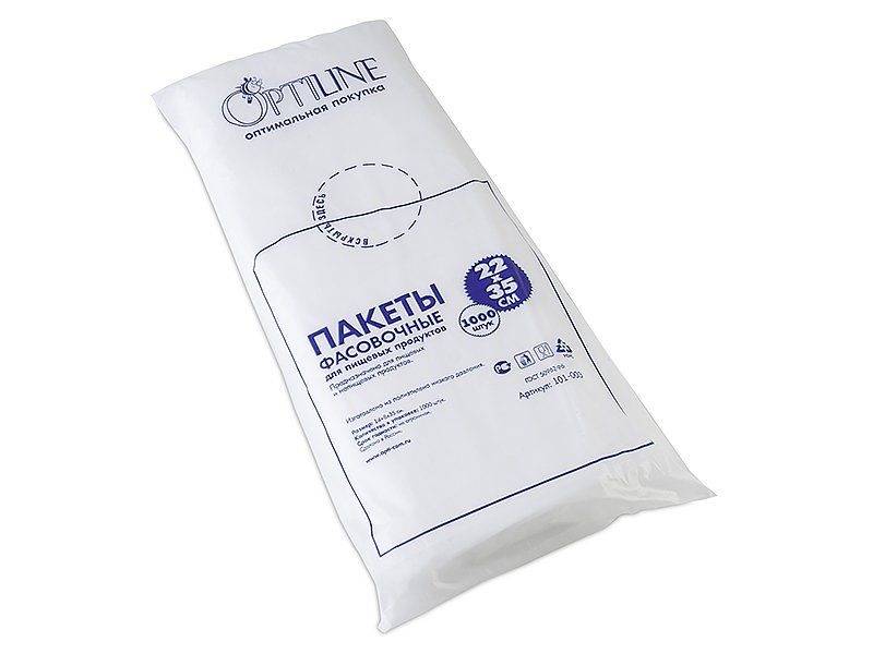 Пакет фасовочный ПНД евроблок Optiline , (14+8)х35 см, 7 мкм, 1000 шт. в упаковке, 10000 шт. в короб