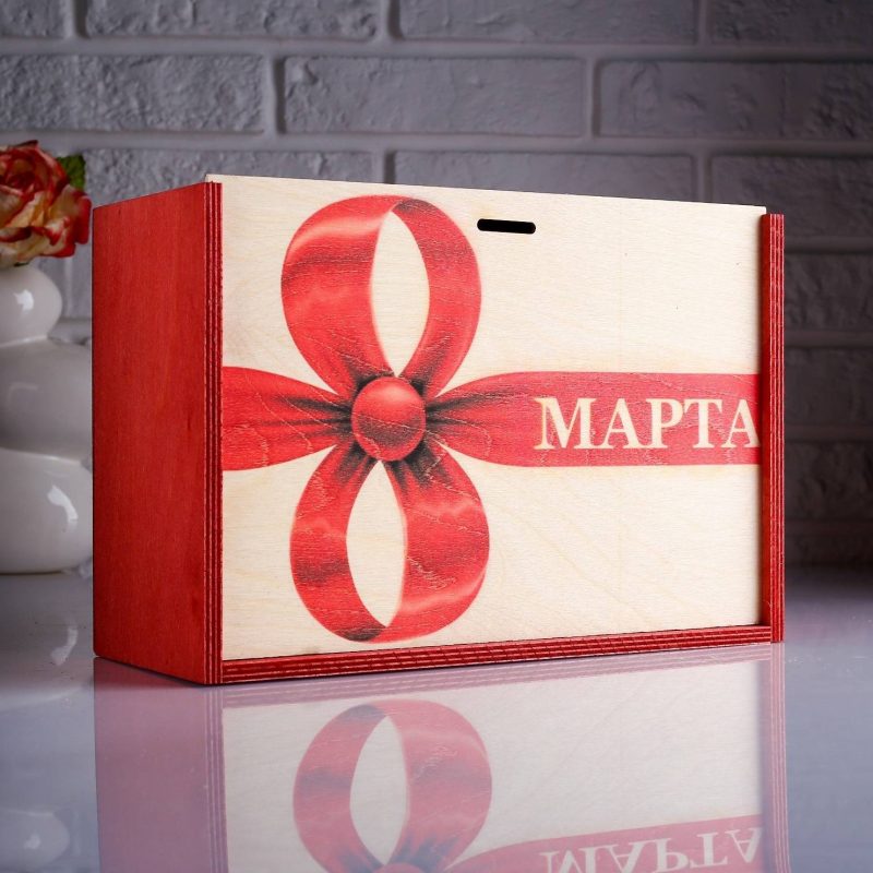 Коробка подарочная 30×12×20 см деревянная пенал "8 марта. Бантик", с печатью 4743954