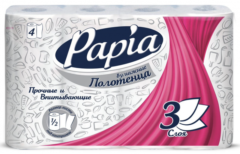 Полотенца бумажные PAPIA 3 слойные белые 4 рулона в упаковке*7