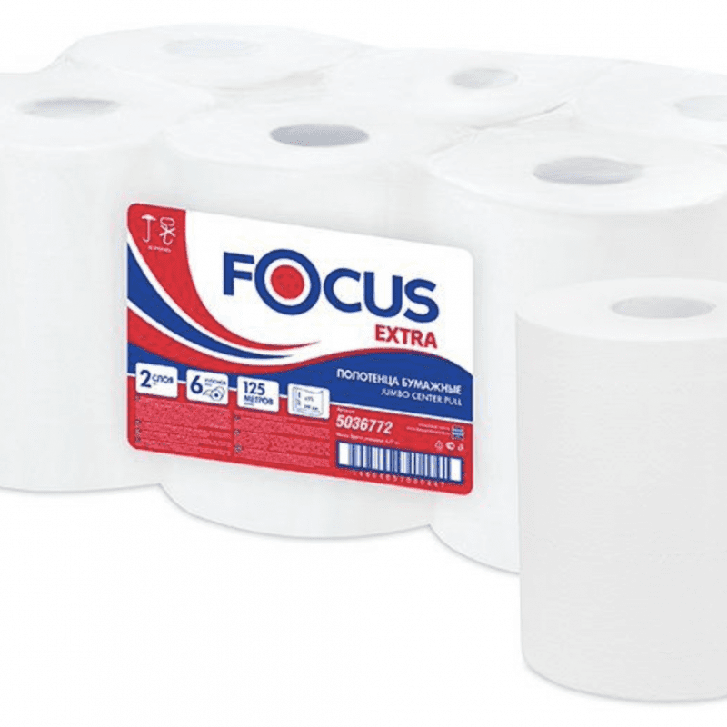 Полотенца бумажные 125метров 2слоя цвет белый, с центральной вытяжкой FOCUS, 6 рулонов у упаковке