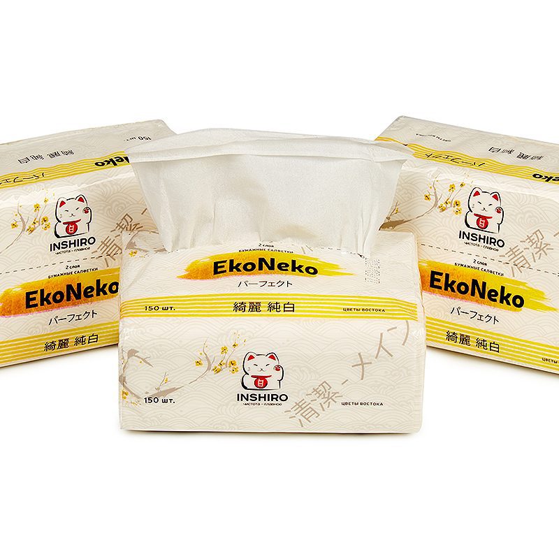 Салфетки в мягкой упаковке INSHIRO EkoNeko 2-х сл.белые (150шт) 1/6/120 EN 429