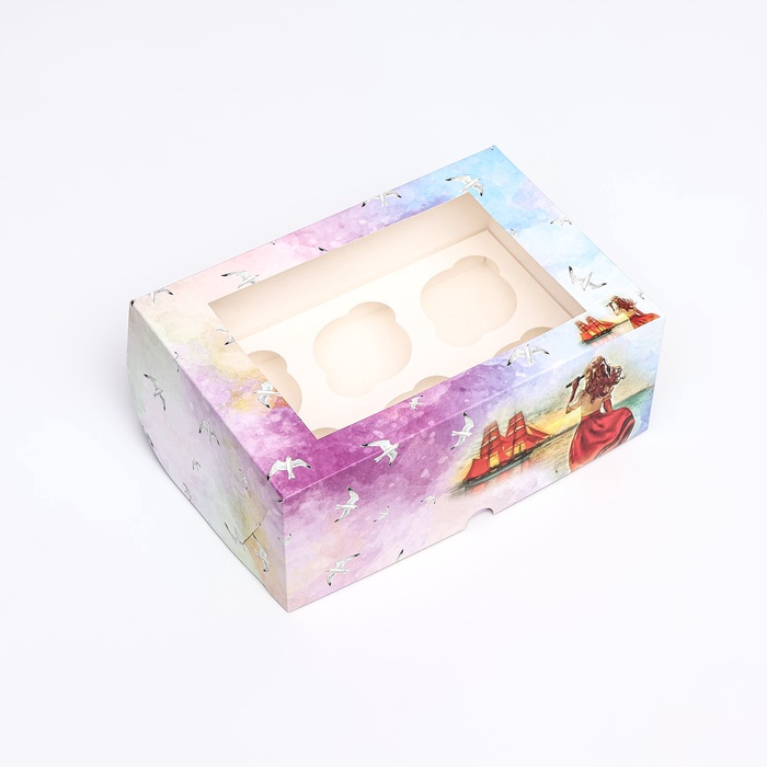 Упаковка на 6 капкейков с окном, "Алые паруса", 25 х 17 х 10 СМ 10135383