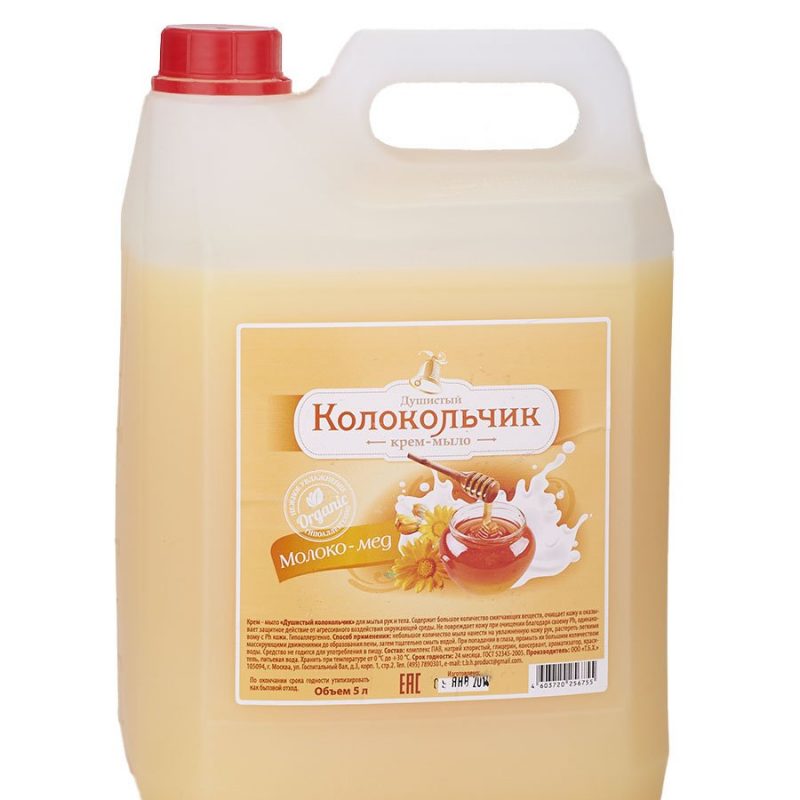 Мыло жидкое-крем Колокольчик Молоко и Мед 5л канистра 1/4