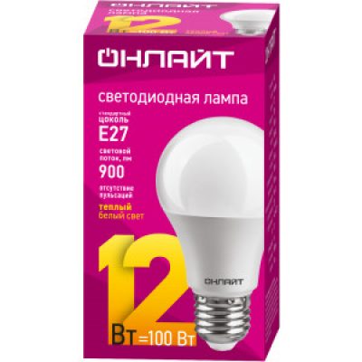Лампа светодиодная груша ОНЛАЙТ 71 682 OLL-A60-12-230-2.7K-E27 *1/10/100