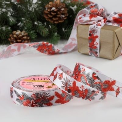 Лента атласная 25мм*25+1ярд(23м+1м) снегири АУ 10324258