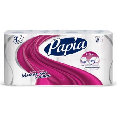 Бумага туалетная Papia белая, 3 слоя, 8 рулонов. *8/7