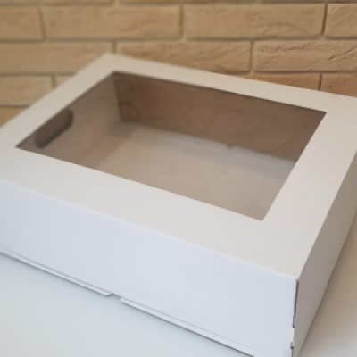 Коробка под торт 400*300*250 с окном / белая / дно с ручками