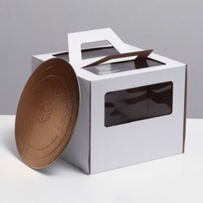 Коробка под торт 2 окна, с ручками, белая, 28 х 28 х 20 СМ + подложка 2,5 золото-белый 9225238