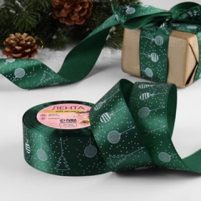 Лента атласная 40мм*25+1ярд(23м+1м) ёлочные игрушки №049 тёмно-зелёный АУ 6784855