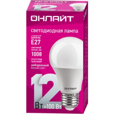 Лампа светодиодная груша ОНЛАЙТ 71 655 OLL-A60-12-230-4K-E27 *1/10/100