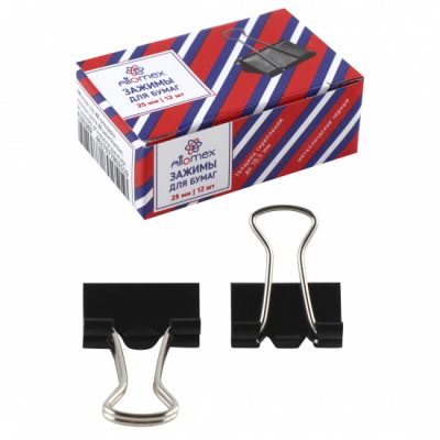 Зажимы для бумаг 25 мм, набор 12 шт, цвет черный, картонная коробка Attomex 4131302